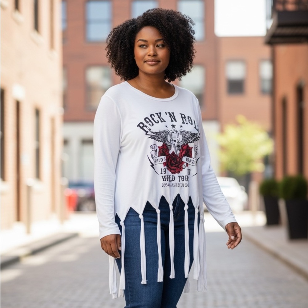 Rock 'N Roll White Long Sleeve Fringe Tee